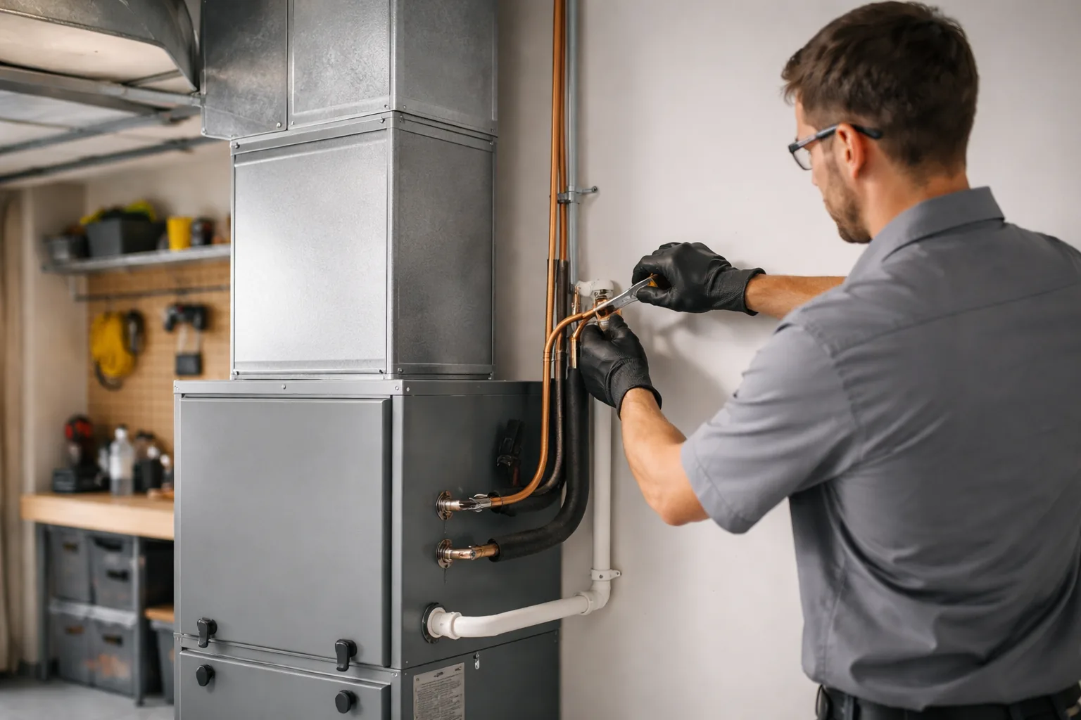 An installer tightening a refrigerant line connection on a new evaporator coil cabinet mounted on top of a gas furnace in a garage.