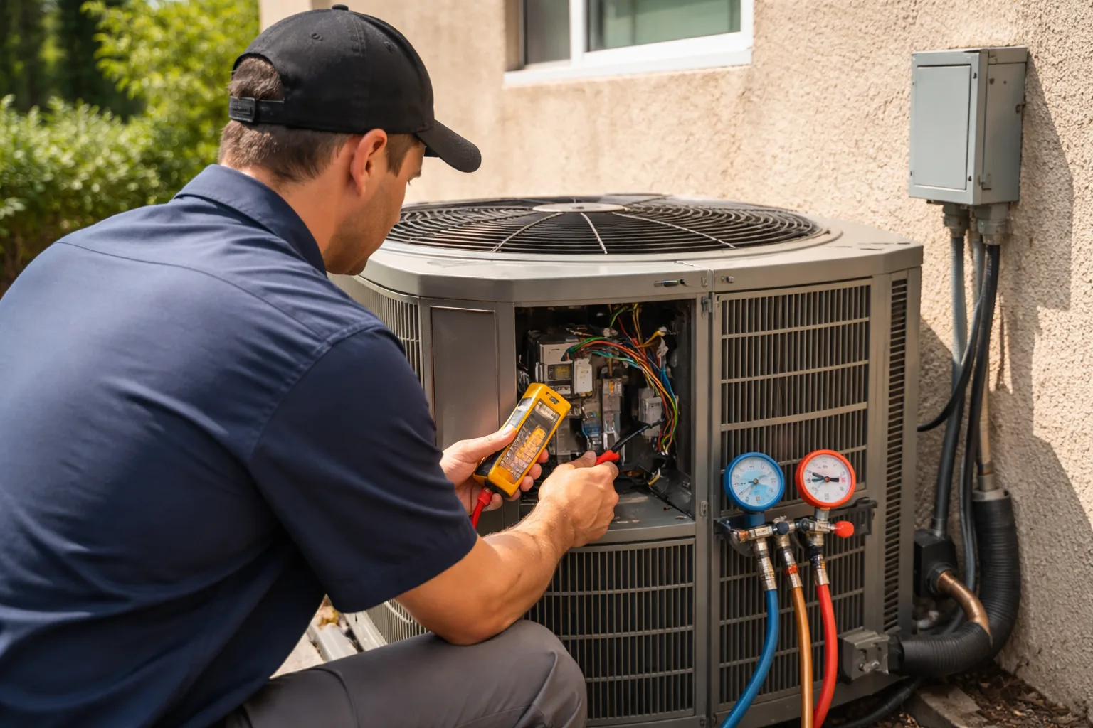 A technician testing electrical parts inside an outdoor air conditioning unit with a multimeter, with refrigerant gauges connected to the service valves.