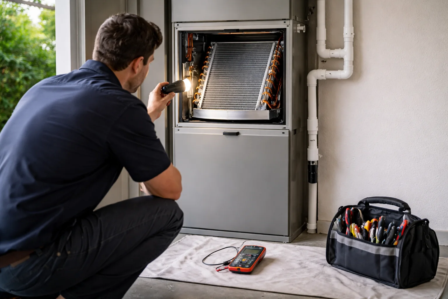 A technician shining a flashlight into the open coil cabinet above a furnace in a garage, inspecting the air conditioner's indoor coil and drain pan.