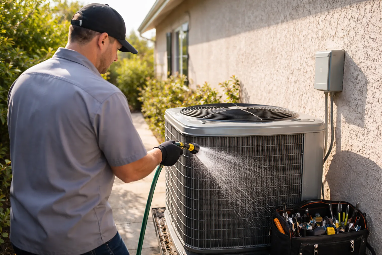 A technician rinsing the coil fins of an outdoor air conditioning unit with a garden hose beside a stucco house.