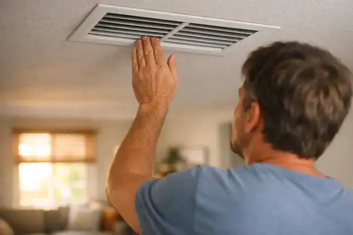 A homeowner holding a hand up to a ceiling air-conditioning vent to feel the airflow.