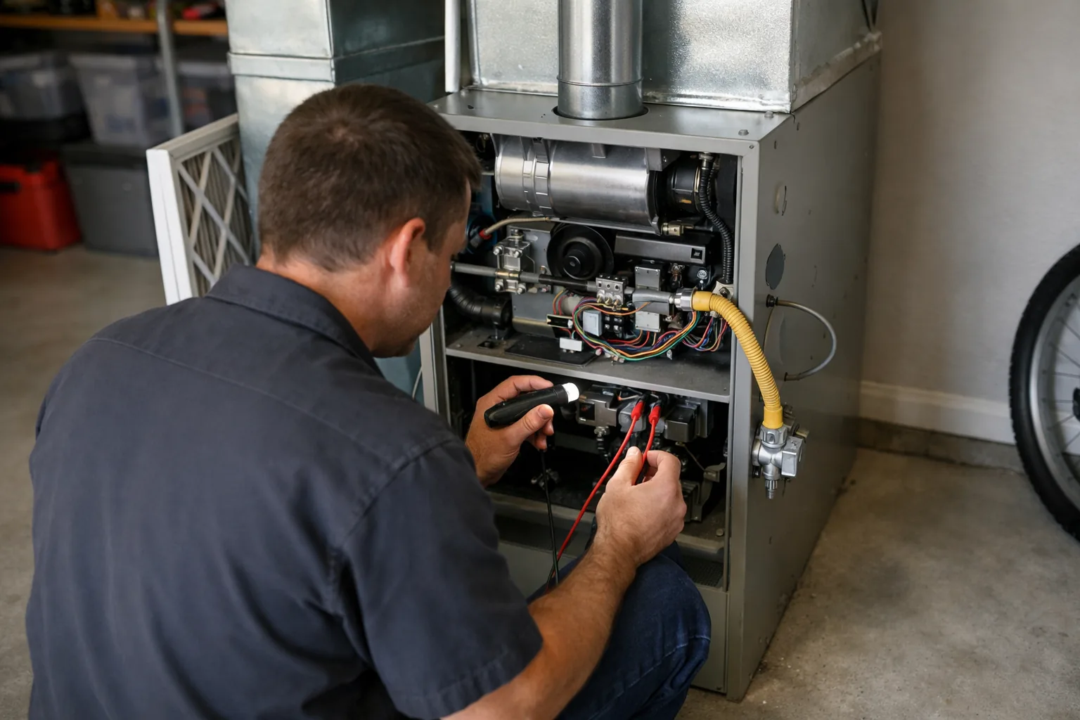 An HVAC technician kneeling at an open gas furnace in a garage, testing its controls with meter probes.