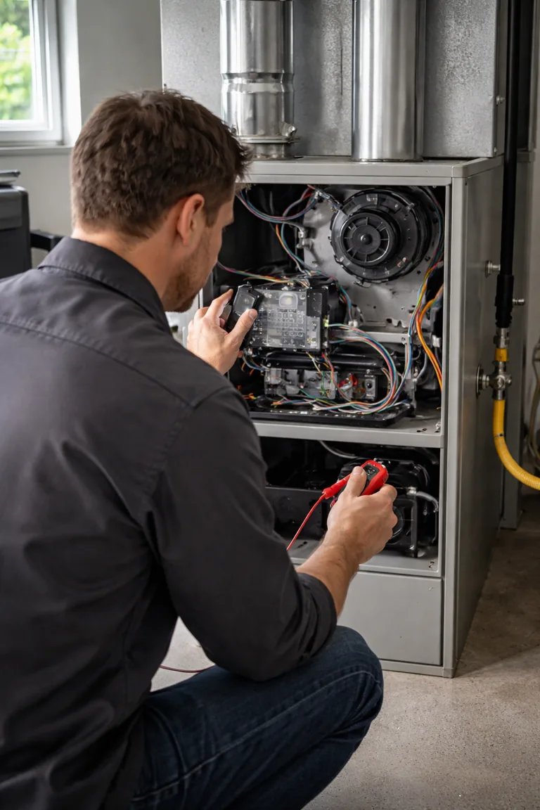 A technician checking the controls and wiring inside an upright gas furnace with a meter.