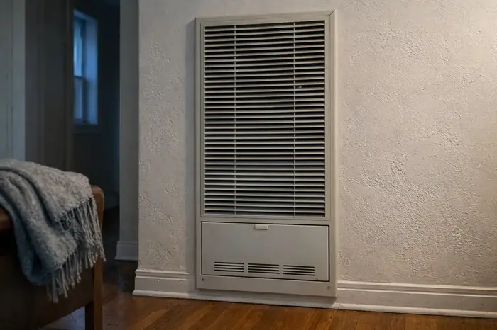 A gas wall heater with a louvered metal grille set into a hallway wall.