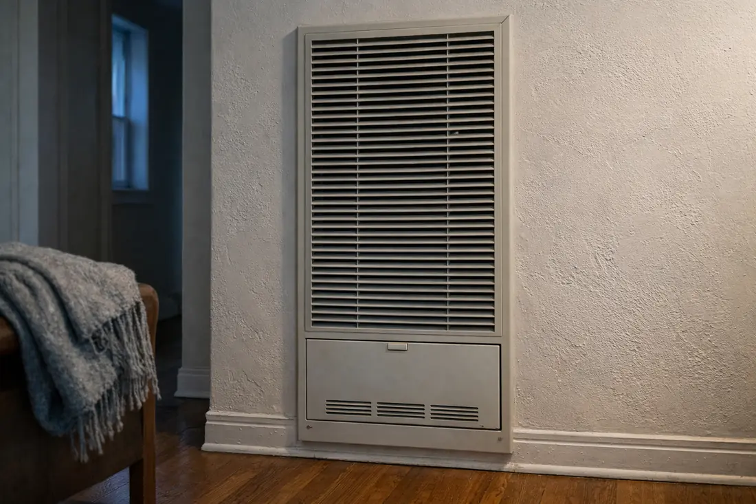 A gas wall heater with a louvered metal grille set into a hallway wall.