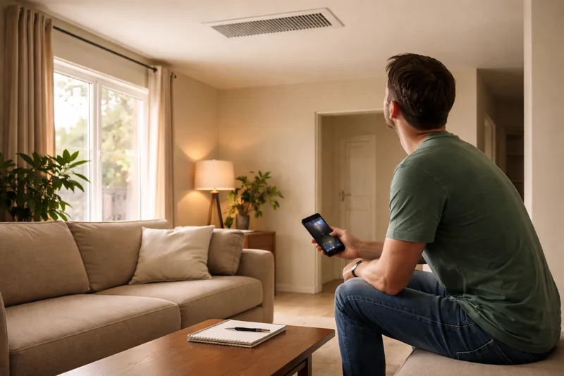 A homeowner sitting in a living room, looking up at a ceiling air vent while holding a phone, with a notepad on the coffee table.