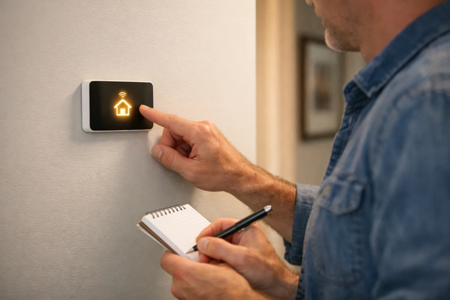A homeowner pressing a button on a wall thermostat while holding a small notepad and pen.