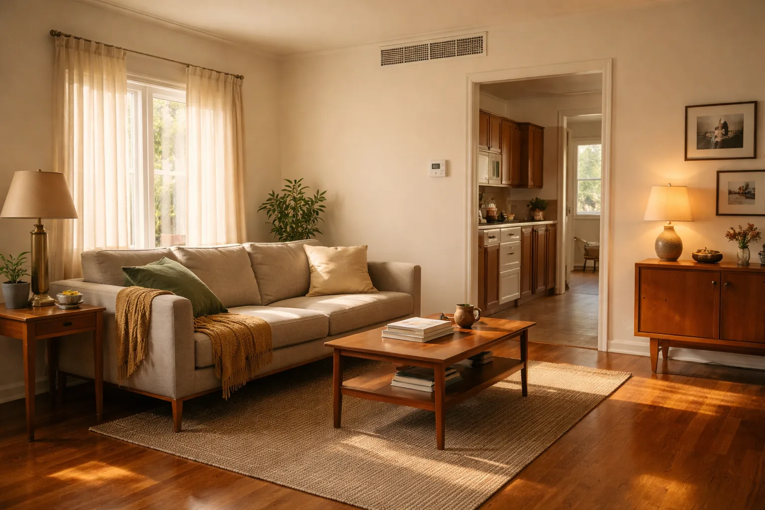 A sunlit living room in a mid-century home, with a ceiling air register and a wall thermostat by the doorway.
