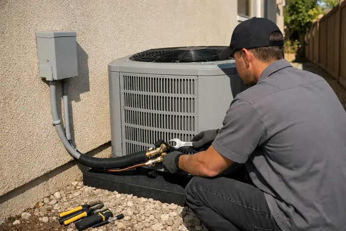 An installer connecting refrigerant lines to a new central air conditioning unit beside a stucco house.