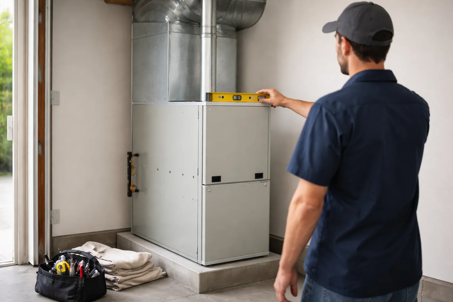 An installer holding a level on top of a newly installed upright gas furnace on a platform in a garage, with a new sheet-metal plenum and vent pipe above it.