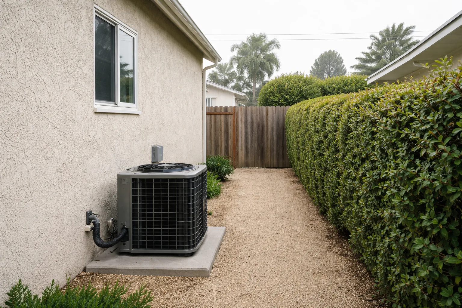 An air conditioning condenser on a concrete pad along the side of a stucco house on an overcast morning.