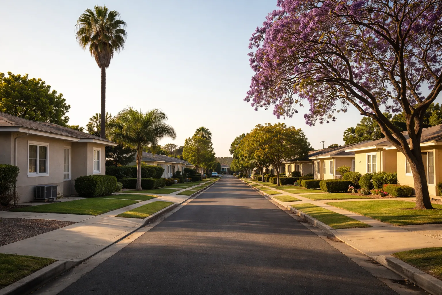 A quiet residential street of single-story stucco homes with palm trees and a flowering jacaranda in late-afternoon light.